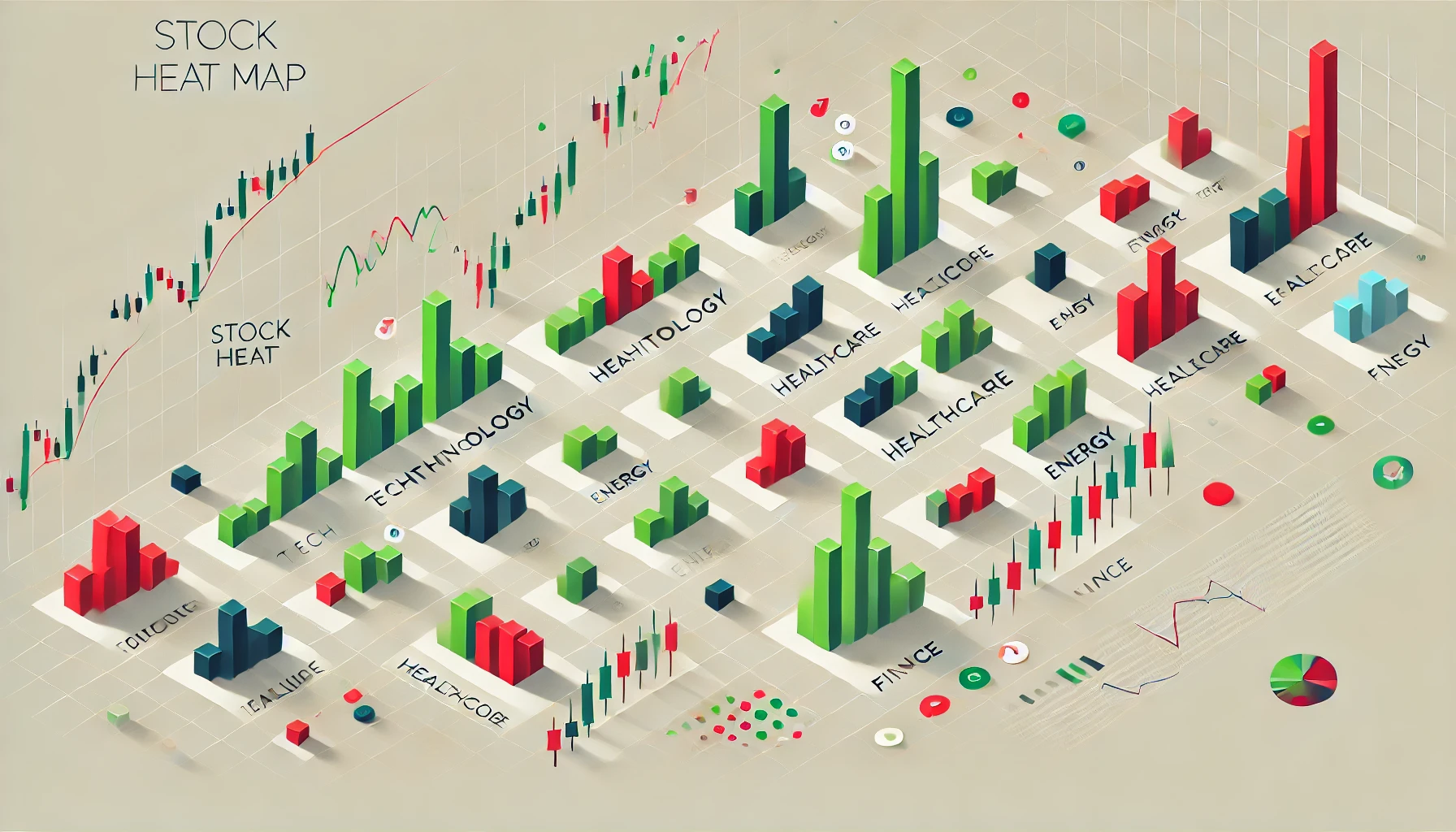 Understanding Stock Heat Maps - DALL%C2%B7E 2024 10 11 10.07.48 A Simple Horizontal Illustration Of A Stock Heat Map Showing Different Sectors Like Technology Healthcare Energy And Finance. Each Sector Is Repre.webp