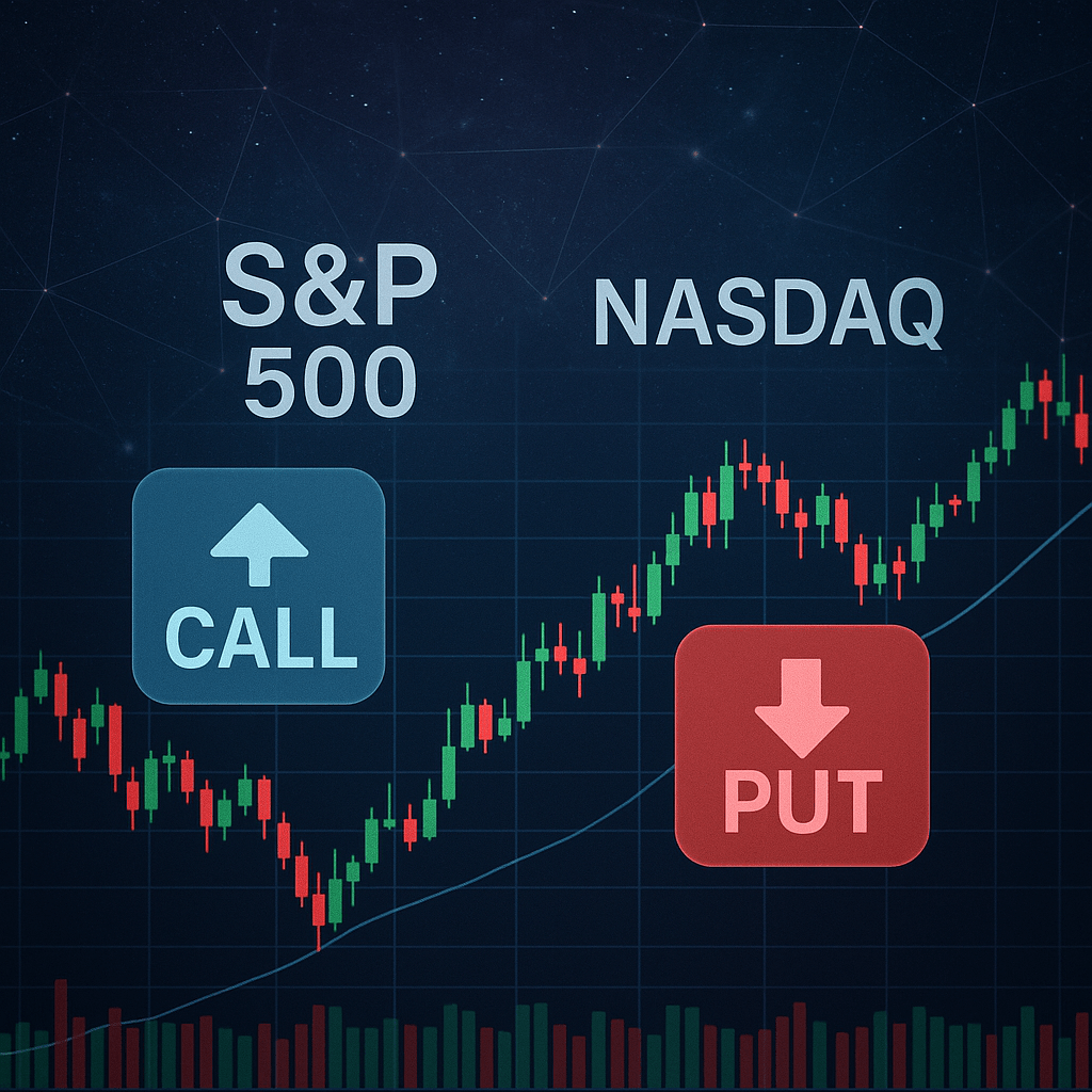 Globe made of glowing stock candlesticks, with Dow Jones, S&P 500, and Nasdaq ticker lines orbiting like planets, futuristic global finance illustration.