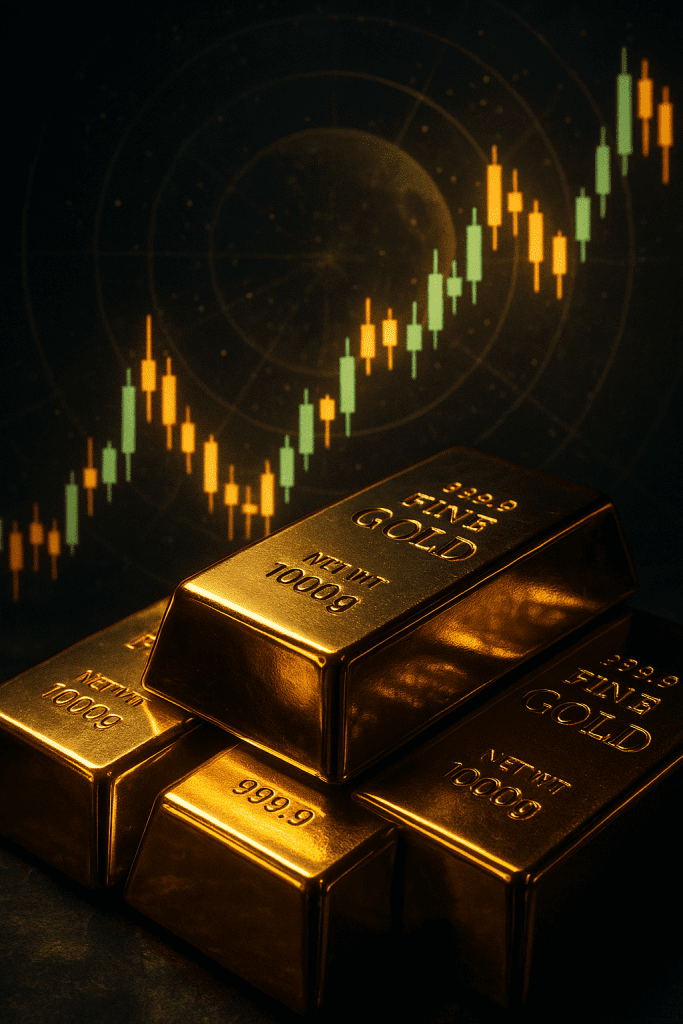 Close-up of stacked gold bars reflecting glowing candlestick charts, cosmic planetary cycles faintly overlaid in the background, dramatic editorial lighting