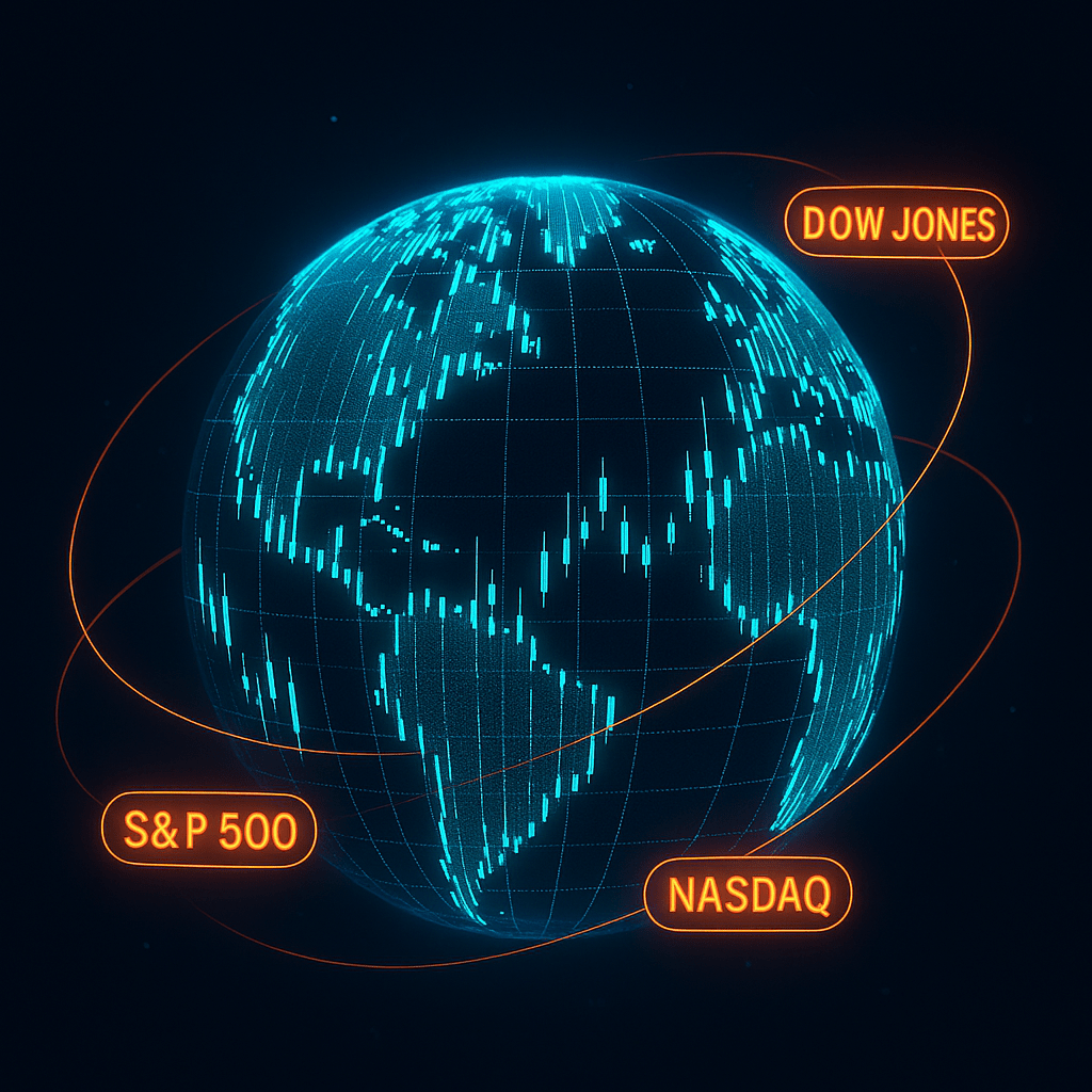 Globe made of glowing stock candlesticks, with Dow Jones, S&P 500, and Nasdaq ticker lines orbiting like planets, futuristic global finance illustration.