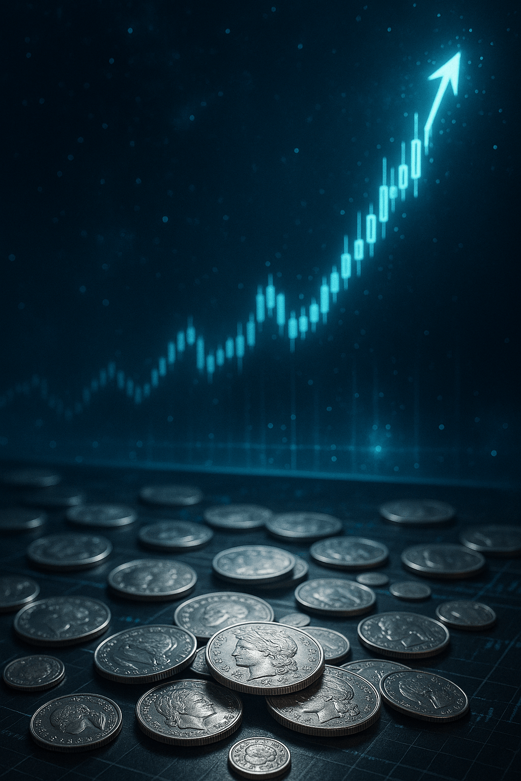 Photorealistic silver coins scattered across a trading desk, with a digital chart line breaking upward, subtle futuristic cosmic design.