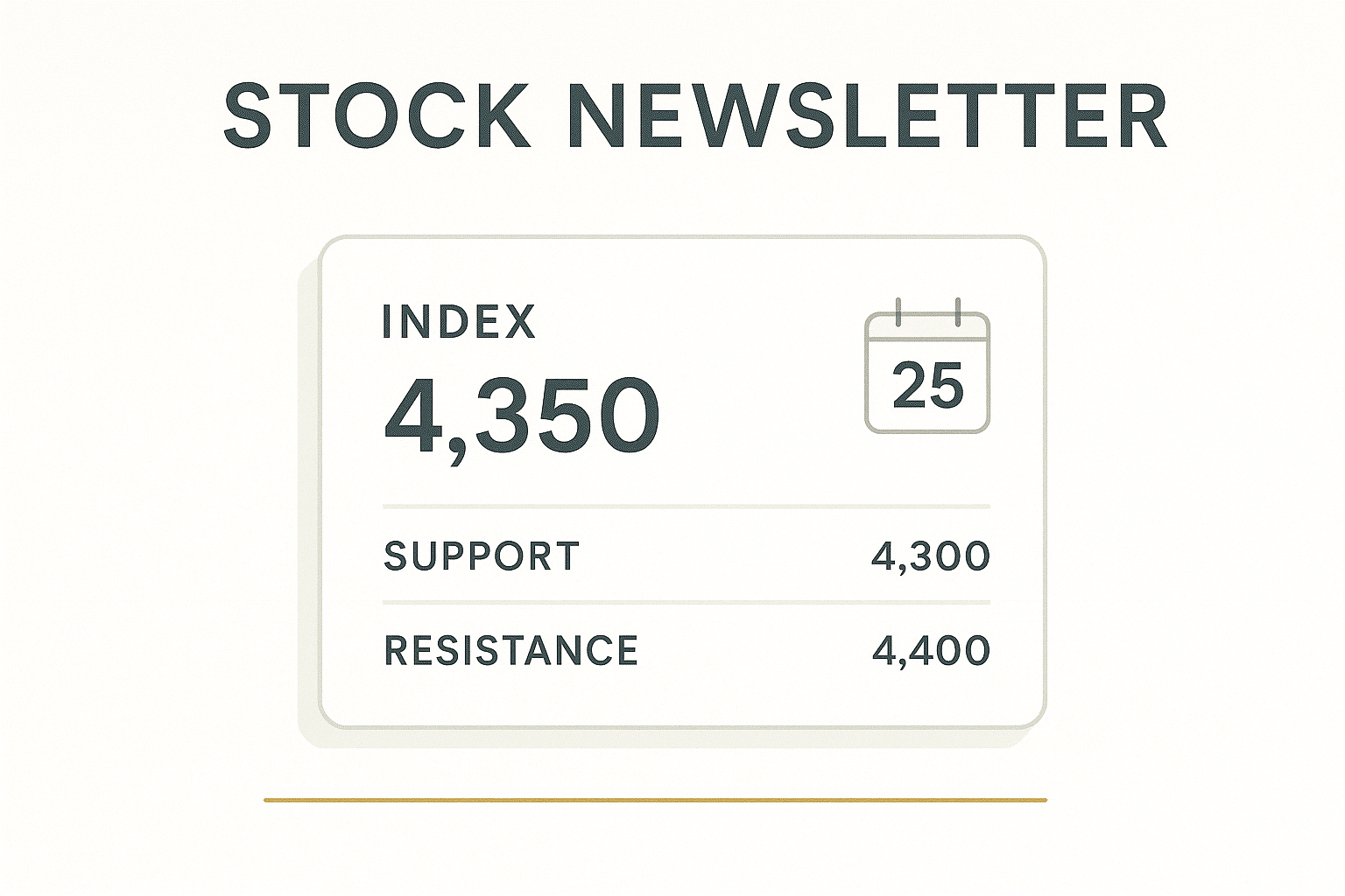 A premium editorial illustration titled “Stock Newsletter” showing a clean white dashboard card with index value 4,350, support at 4,300, and resistance at 4,400. A compact calendar icon marked “25” appears on the card. The design features thin gold accents, minimalist grid lines, and a soft gradient background.