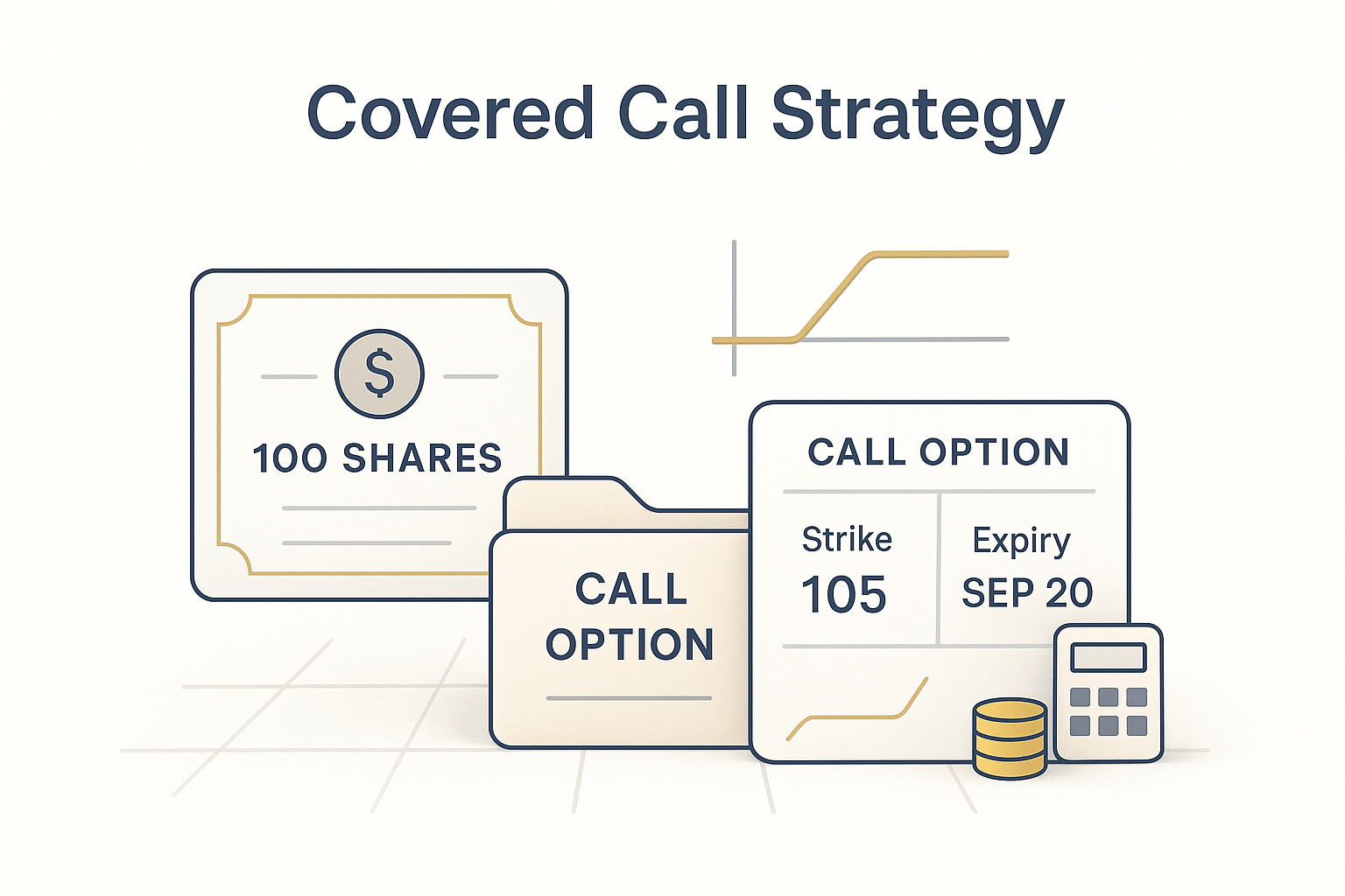 A premium editorial illustration titled “Covered Call Strategy” featuring a certificate labeled 100 Shares, a call option ticket showing Strike 105 and Expiry Sep 20, and a capped-upside payoff curve above. The scene also includes a call option folder, a small calculator, and gold coin icons. The design uses thin gold accents, clean white gradient background, and modern vector with light 3D style.