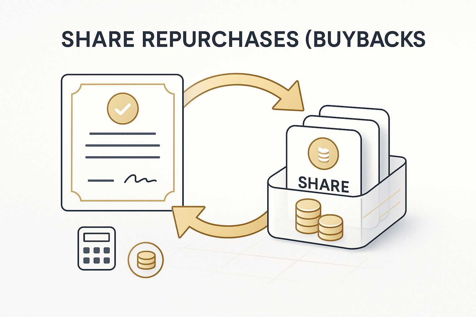 A premium editorial illustration titled “Share Repurchases (Buybacks)” showing a certificate-like share on the left connected by a circular gold arrow to a smaller stack of labeled share cards inside a transparent tray. Small icons of a calculator and coin stack sit below, with thin gold accents and a clean gradient background, designed in a modern vector and light 3D style for social card format (1200×630).