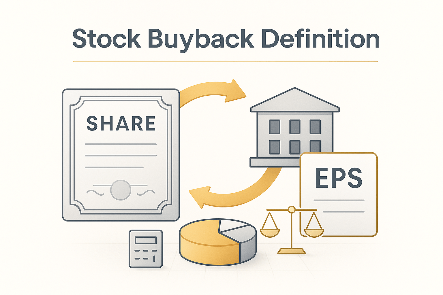 A premium editorial illustration titled “Stock Buyback Definition” showing a certificate-like share on the left with a gold arrow looping back to a company building icon on the right. Additional elements include an EPS card, a balance sheet scale, a calculator, and a pie chart. The design uses thin gold accents, soft gradient background, and a modern vector with light 3D style