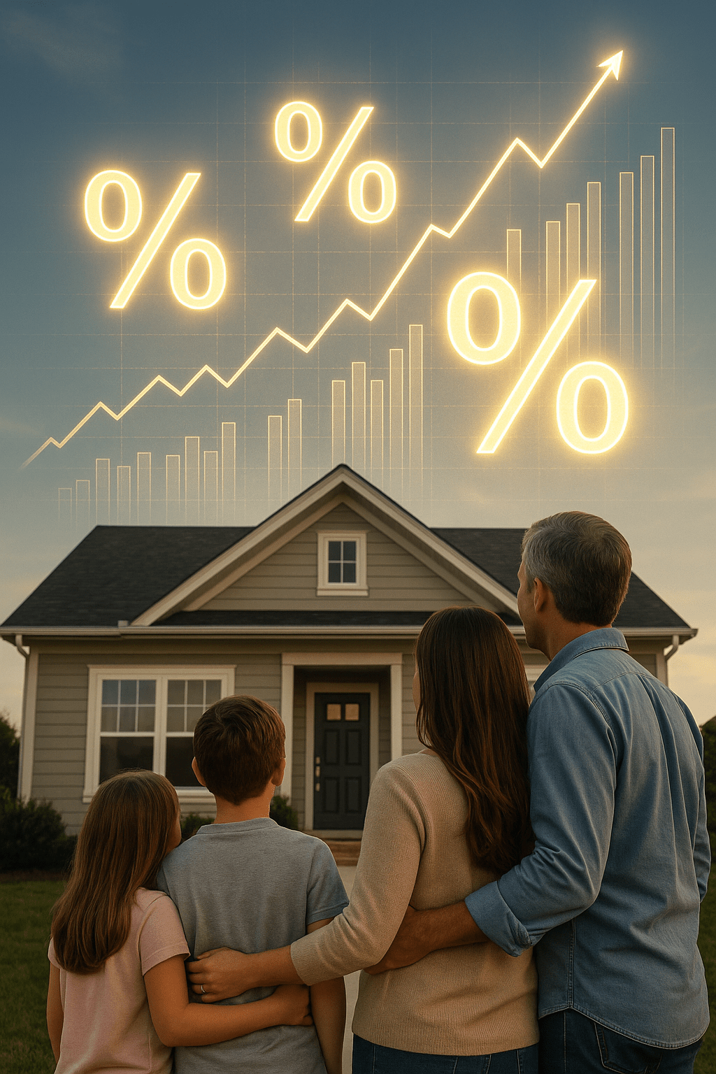 Family standing in front of a house while financial charts and glowing interest rate symbols appear in the sky, optimistic tone, realistic photography