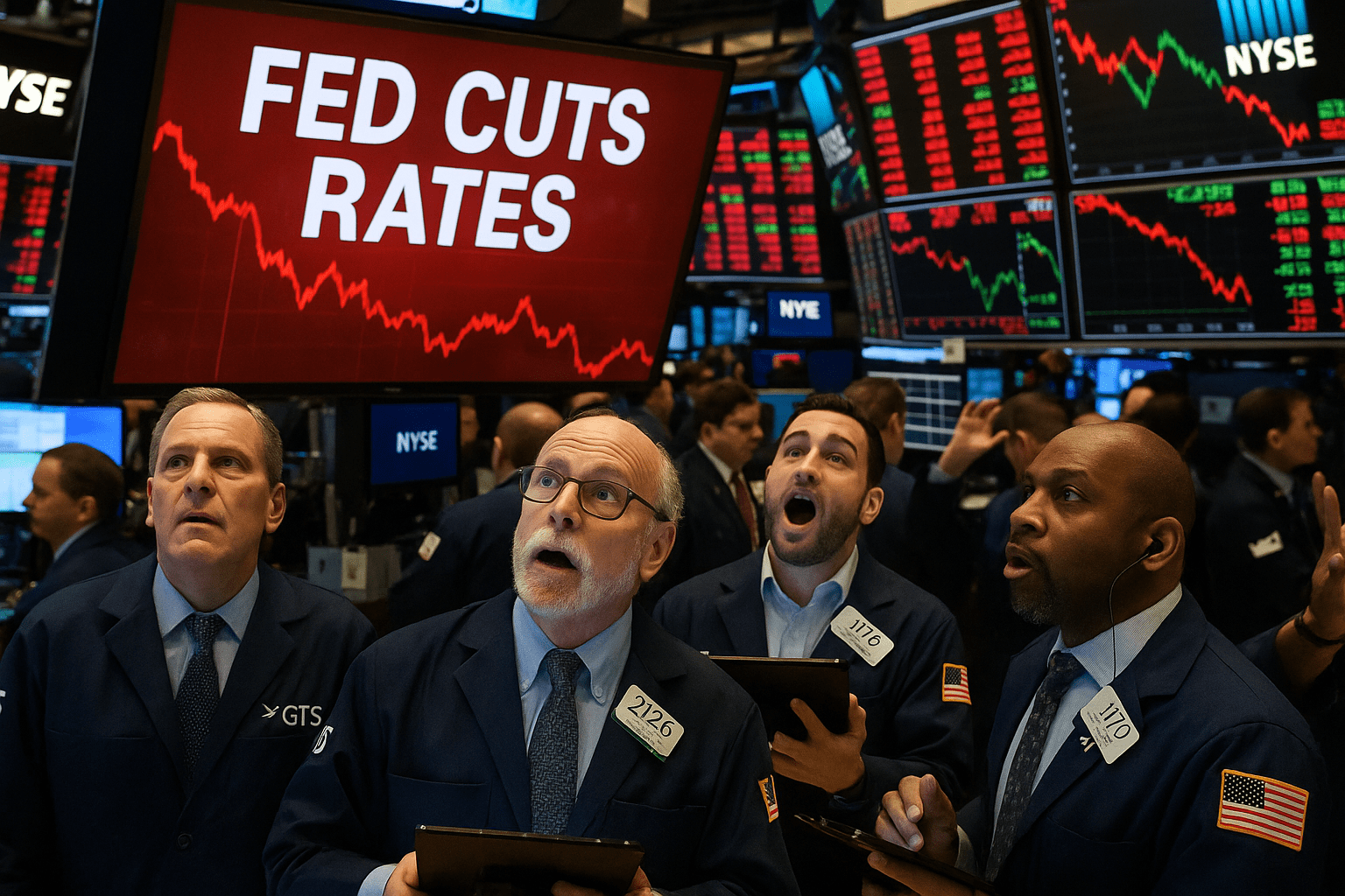 New York Stock Exchange trading floor scene with screens flashing red and green, traders reacting, realistic newsroom photography