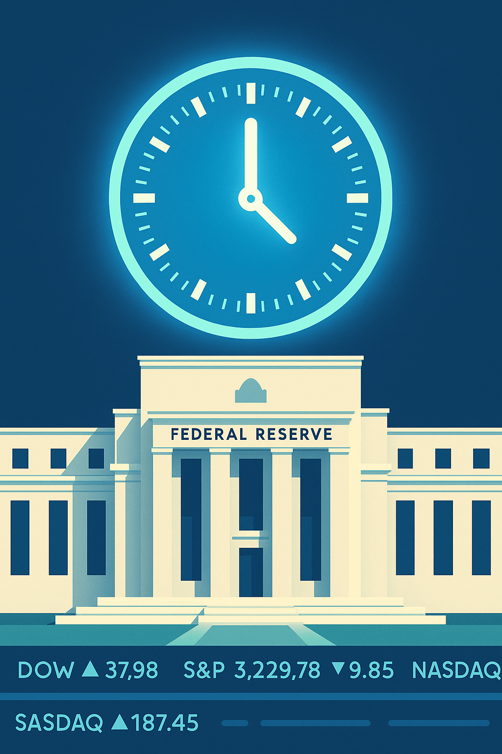 Modern flat design graphic of a glowing clock face over the Federal Reserve building, finance tickers scrolling below.