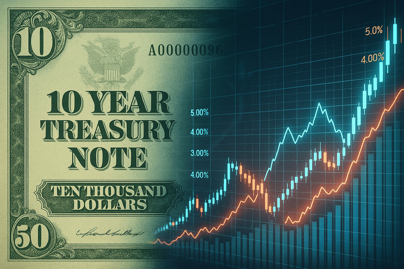 Detailed close-up of a 10-year Treasury bond certificate blended with a futuristic stock chart overlay, subtle U.S. dollar watermark